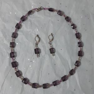 Glass beads necklace and earrings set purple